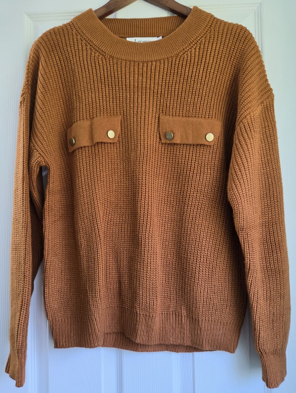 ANRABESS Gold Orange Ribbed Knit Chest Pocket Pullover Crew Neck Sweater S